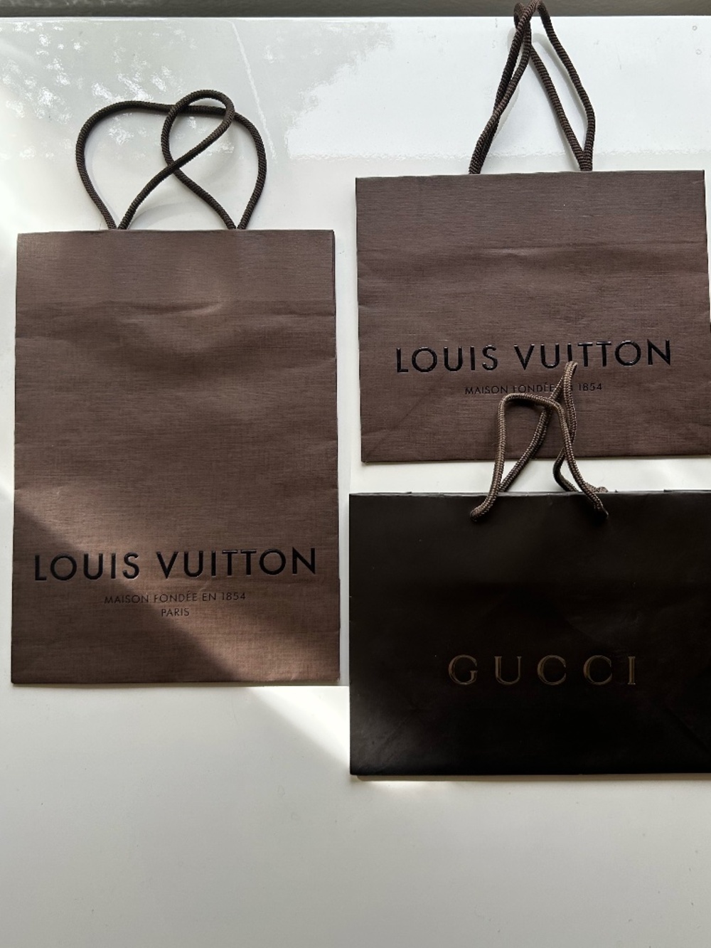 LOUIS VUITTON & GUCCI Brown Paper Shopper Bags (3 total) EUC